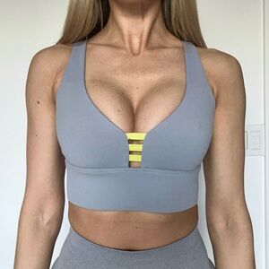 Fabletics Light Gray Padded Sports Bra with Yellow Ladder Detail